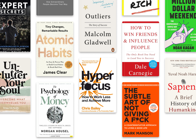 Collection of bestselling books including Atomic Habits, Outliers, and other titles